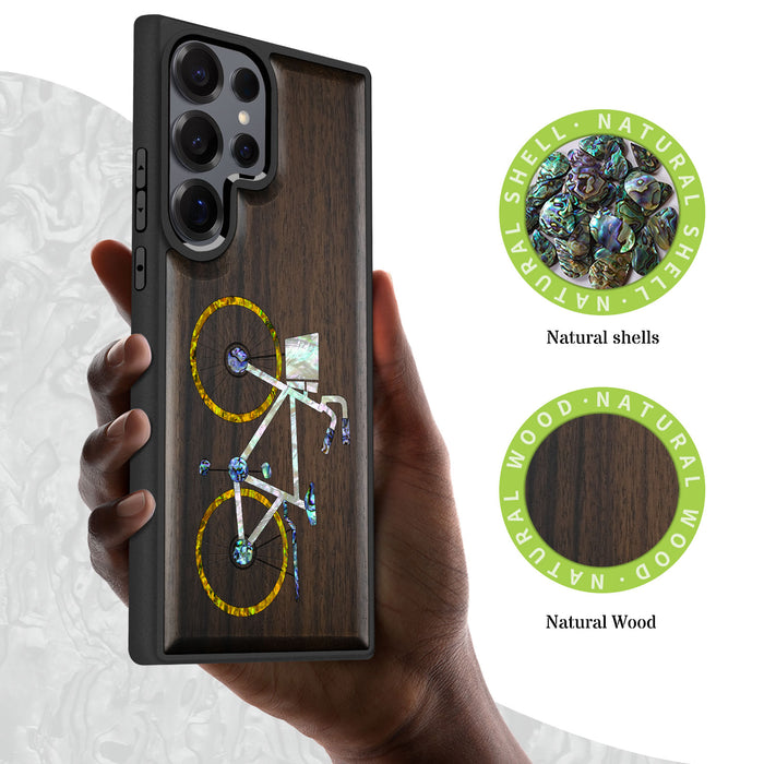 Classic Bicycle Silhouette, Hand-Inlaid Wood & Mother of Pearl Case - Artisanal Cover for Samsung Galaxy