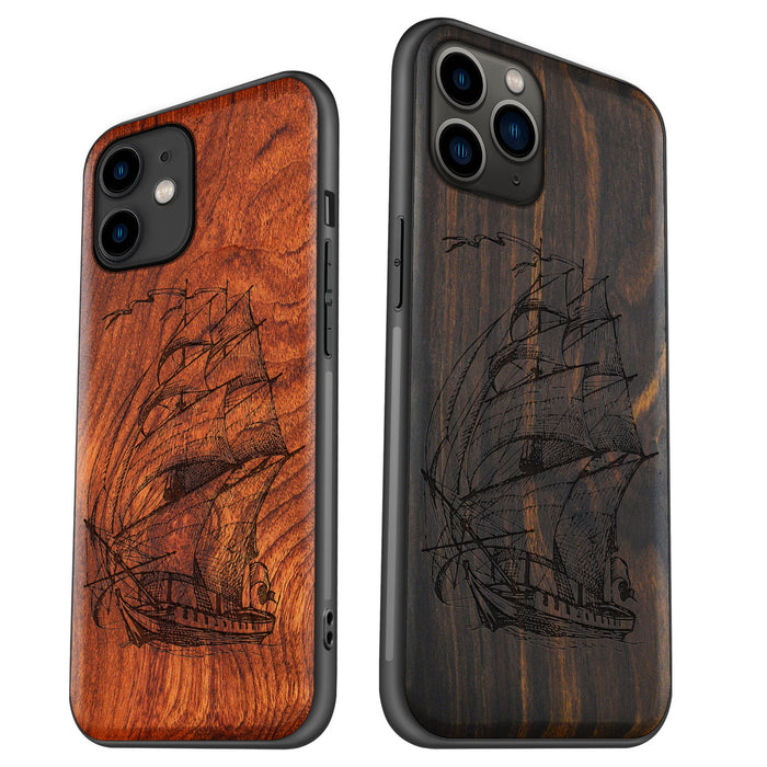 Pirate Ship Line Work, Classic Engraved Wood & TPU Case - Artisanal Cover for Apple iPhone