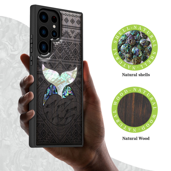 The Whale's Song Amidst Aztec Waves, Hand-Inlaid Wood & Mother of Pearl Case - Artisanal Cover for Samsung Galaxy