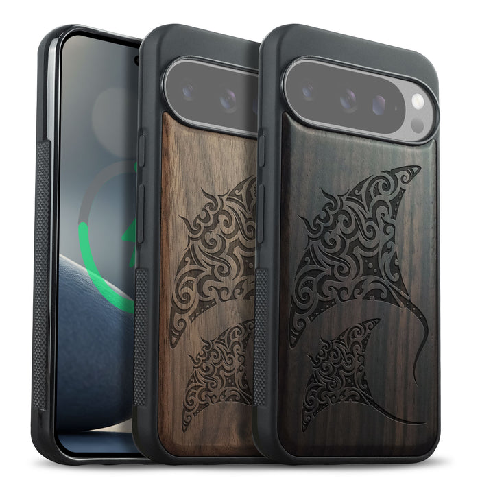 Polynesian Manta Rays, Classic Engraved Wood & TPU Case - Artisanal Cover for Google Pixel