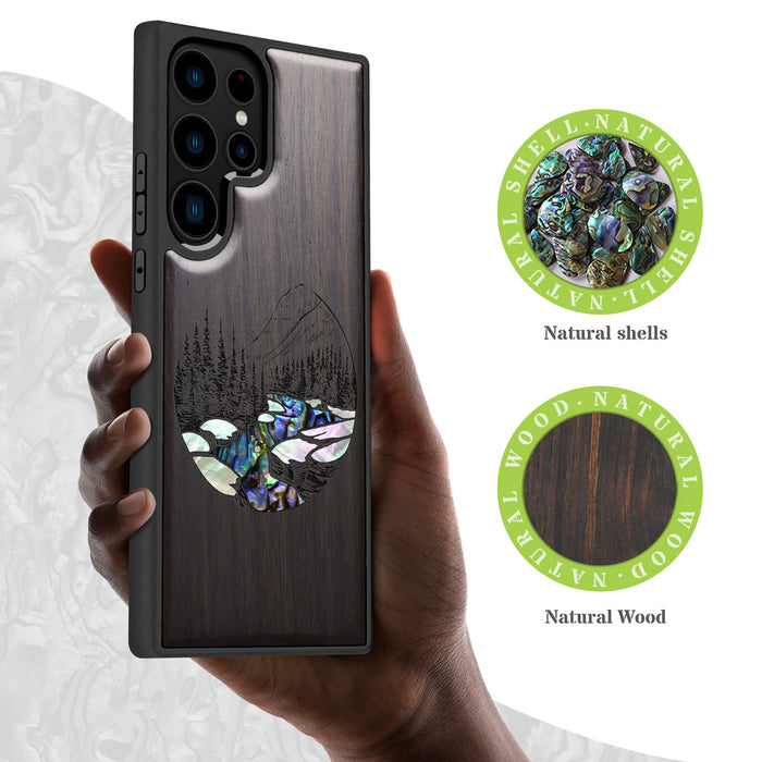 The Lake and Mountain Landscape, Hand-Inlaid Wood & Mother of Pearl Case - Artisanal Cover for Samsung Galaxy