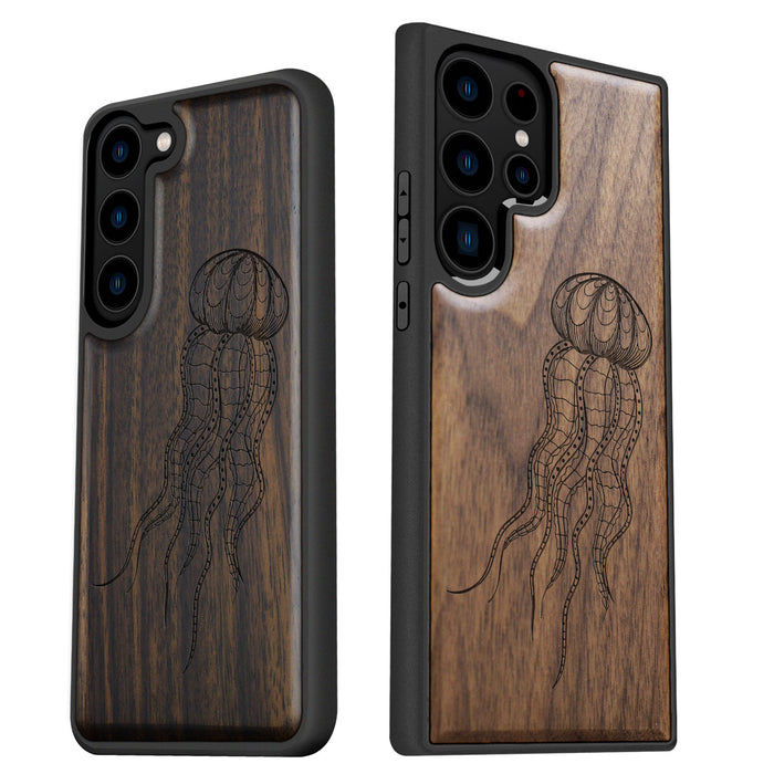 Zentangle Art Jellyfish, Classic Engraved Wood & TPU Case - Artisanal Cover for Samsung Galaxy