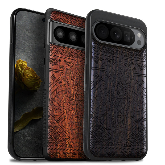 The African Elephant and the Aztec Voyage, Classic Engraved Wood & TPU Case - Artisanal Cover for Google Pixel