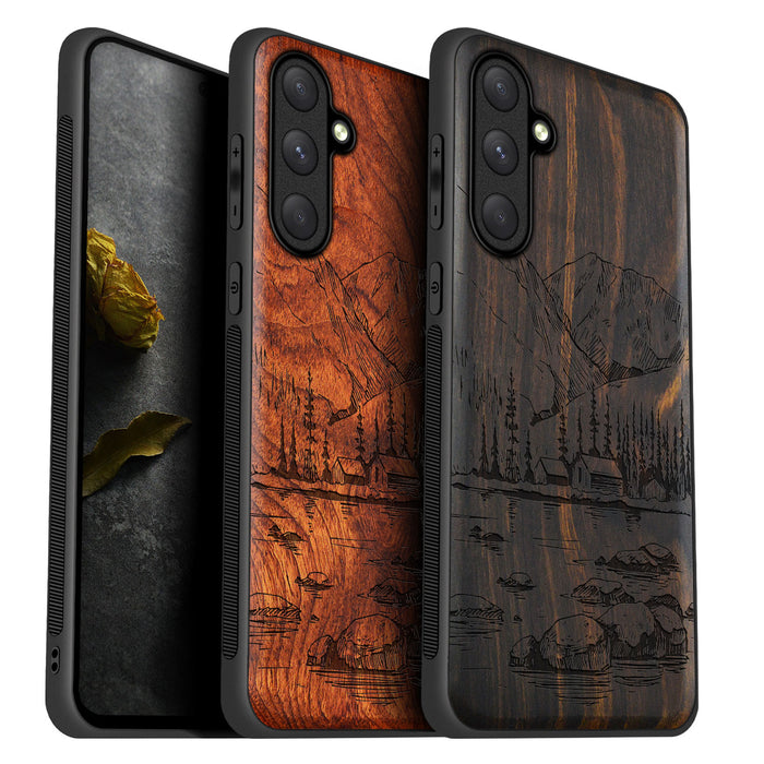 Mountains, Lake, and Village Life, Classic Engraved Wood & TPU Case - Artisanal Cover for Samsung Galaxy