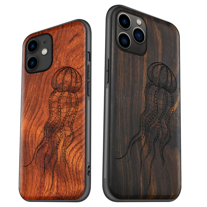 Zentangle Art Jellyfish, Classic Engraved Wood & TPU Case - Artisanal Cover for Apple iPhone