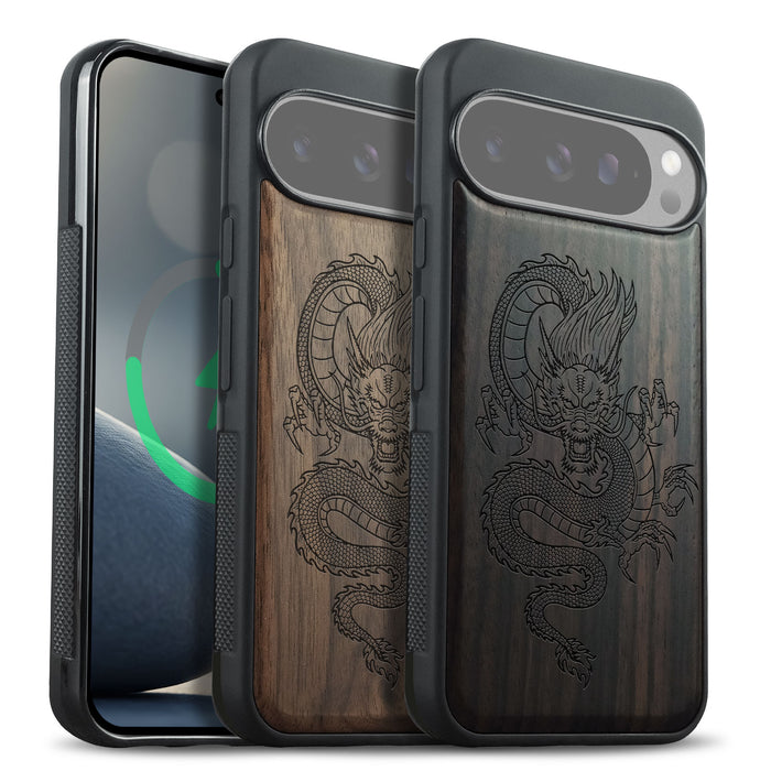 Oriental Dragon, Classic Engraved Wood & TPU Case - Artisanal Cover for Google Pixel