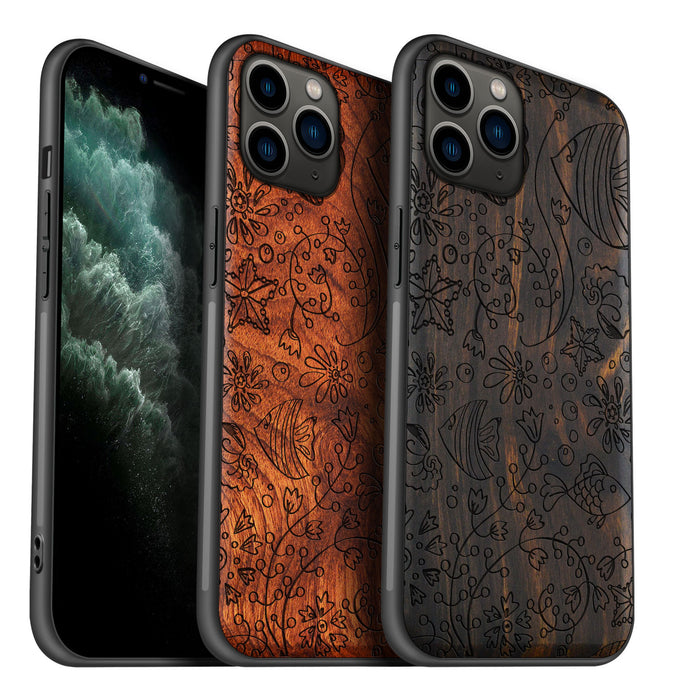 Seamless Linework of Oceanic Life, Classic Engraved Wood & TPU Case - Artisanal Cover for Apple iPhone