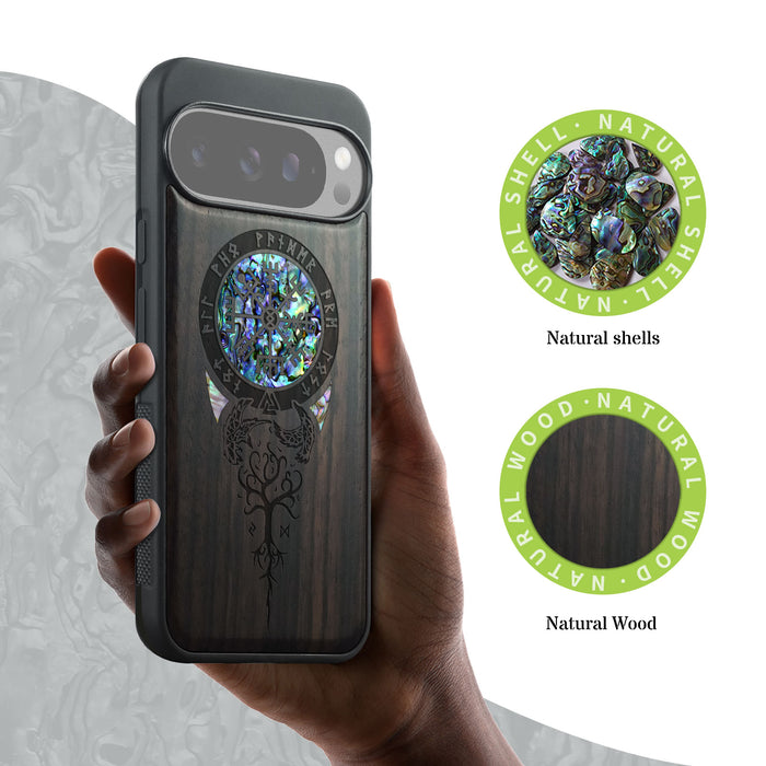 Eternal Compass Roots, Hand-Inlaid Wood & Mother of Pearl Case - Artisanal Cover for Google Pixel