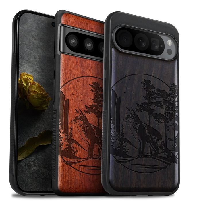 The Enchanting Fox, Classic Engraved Wood & TPU Case - Artisanal Cover for Google Pixel