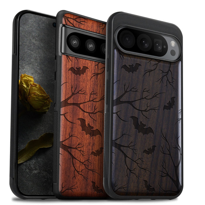 Bats in the Moonlight, Classic Engraved Wood & TPU Case - Artisanal Cover for Google Pixel