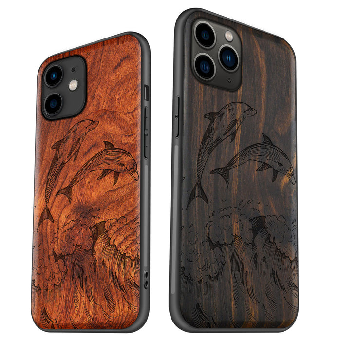 Dual Dolphins in the Waves, Classic Engraved Wood & TPU Case - Artisanal Cover for Apple iPhone