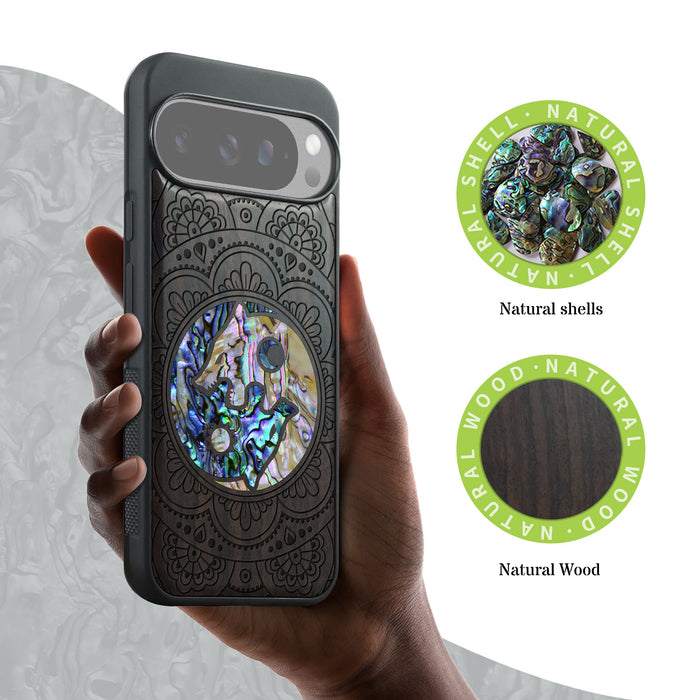 Yin-Yang Wolves Amidst Paisley, Hand-Inlaid Wood & Mother of Pearl Case - Artisanal Cover for Google Pixel