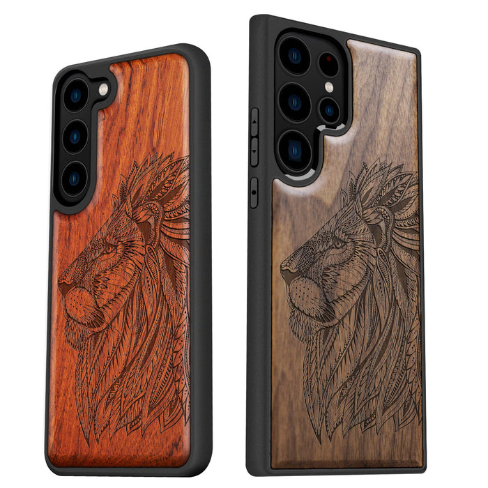 The Ornate Lion's Head, Classic Engraved Wood & TPU Case - Artisanal Cover for Samsung Galaxy