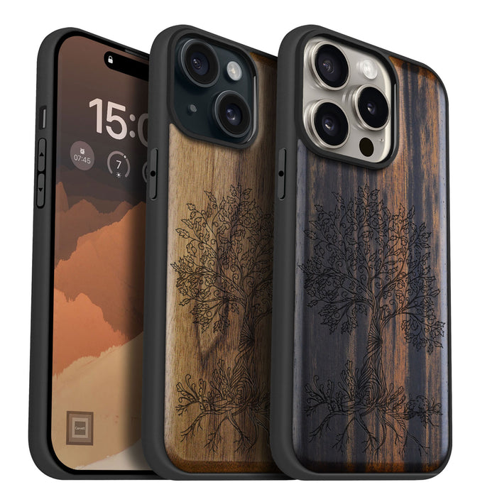 The Fairy Tree Line Art, Classic Engraved Wood & TPU Case - Artisanal Cover for Apple iPhone