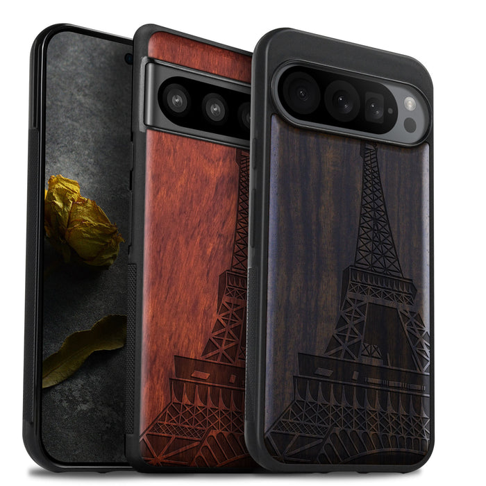 The Eiffel Tower in Geometric Splendour, Classic Engraved Wood & TPU Case - Artisanal Cover for Google Pixel