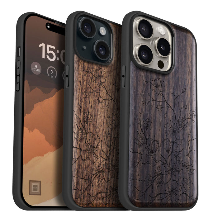 Sakura Sketch, Classic Engraved Wood & TPU Case - Artisanal Cover for Apple iPhone