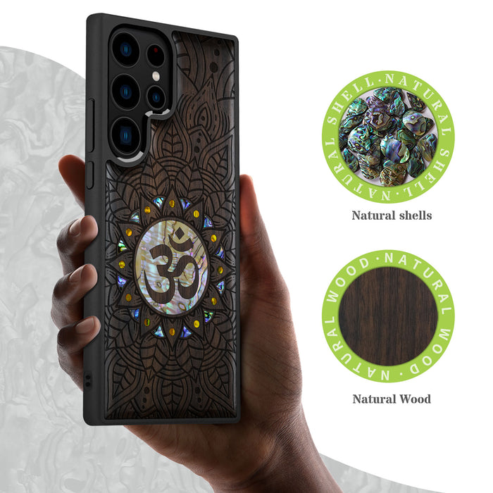 Harmony's Whisper Mandala, Hand-Inlaid Wood & Mother of Pearl Case - Artisanal Cover for Samsung Galaxy