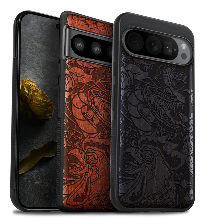 Fierce Mythical Clas, Classic Engraved Wood & TPU Case - Artisanal Cover for Google Pixel