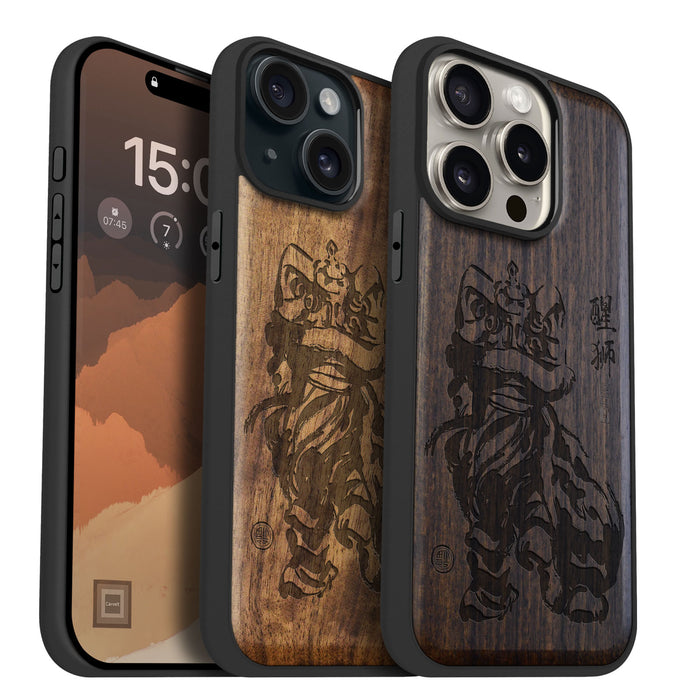 Lunar Lion, Classic Engraved Wood & TPU Case - Artisanal Cover for Apple iPhone