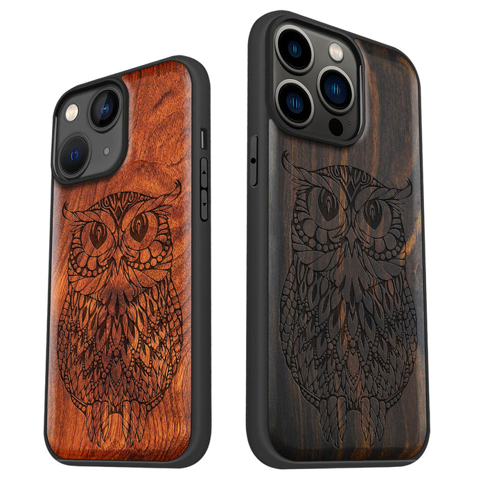 The Owl Mandala, Classic Engraved Wood & TPU Case - Artisanal Cover for Apple iPhone