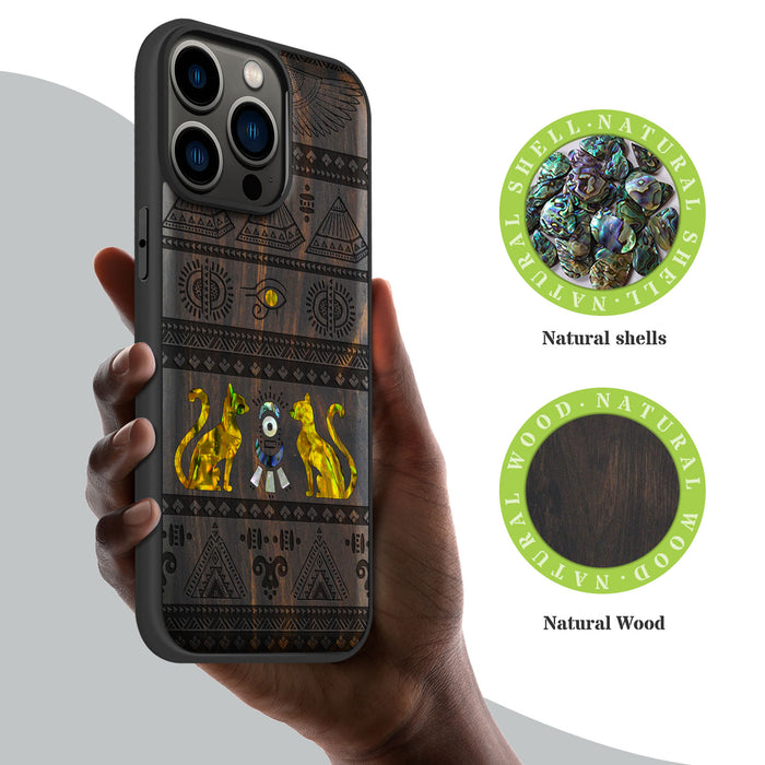 The Symbols of Egypt, Hand-Inlaid Wood & Mother of Pearl Case - Artisanal Cover for Apple iPhone