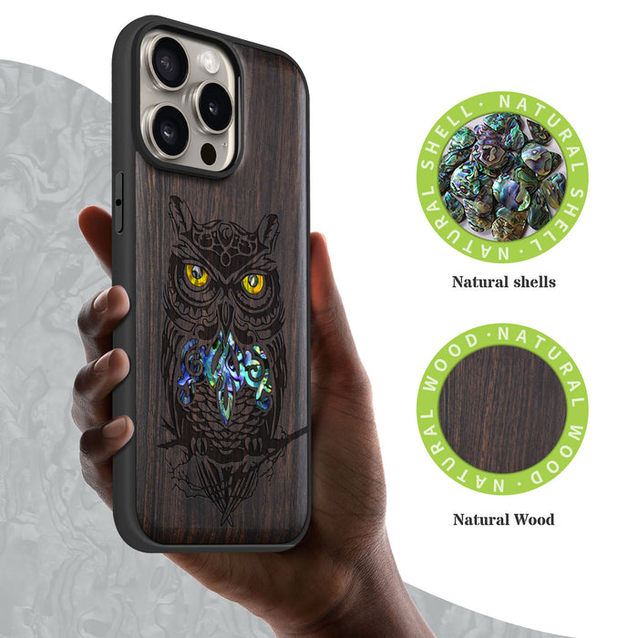 An Owl Perched on a Branch, Hand-Inlaid Wood & Mother of Pearl Case - Artisanal Cover for Apple iPhone