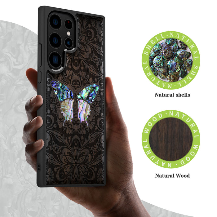 Baroque Butterfly, Hand-Inlaid Wood & Mother of Pearl Case - Artisanal Cover for Samsung Galaxy