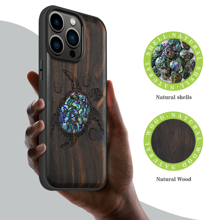 The Maori Turtle, Hand-Inlaid Wood & Mother of Pearl Case - Artisanal Cover for Apple iPhone