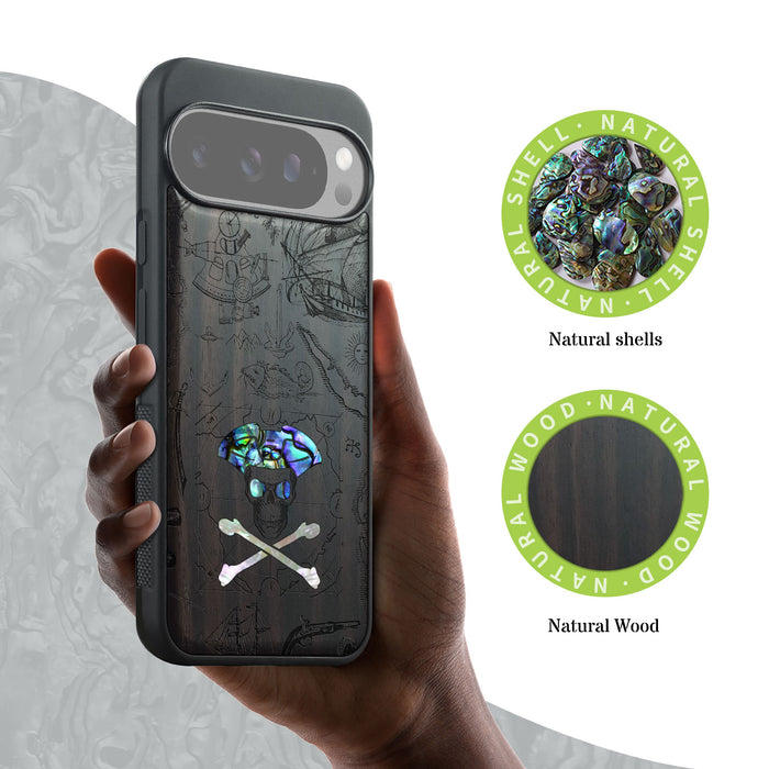 The Pirate's Legacy, Hand-Inlaid Wood & Mother of Pearl Case - Artisanal Cover for Google Pixel