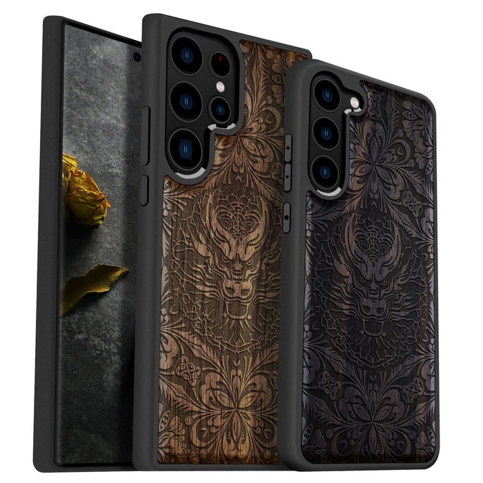 The Dragon's Gaze Mandala, Classic Engraved Wood & TPU Case - Artisanal Cover for Samsung Galaxy