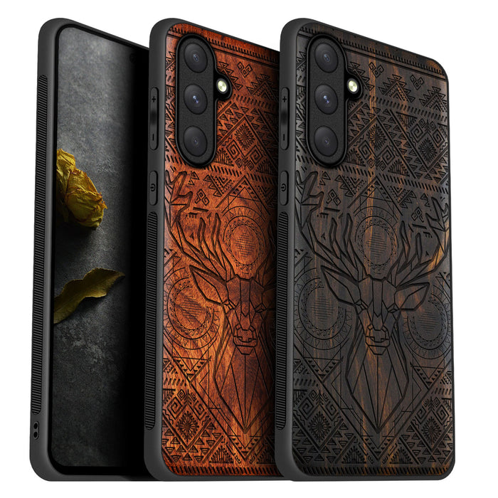 Geometric Deer Amidst Intricate Patterns, Classic Engraved Wood & TPU Case - Artisanal Cover for Samsung Galaxy