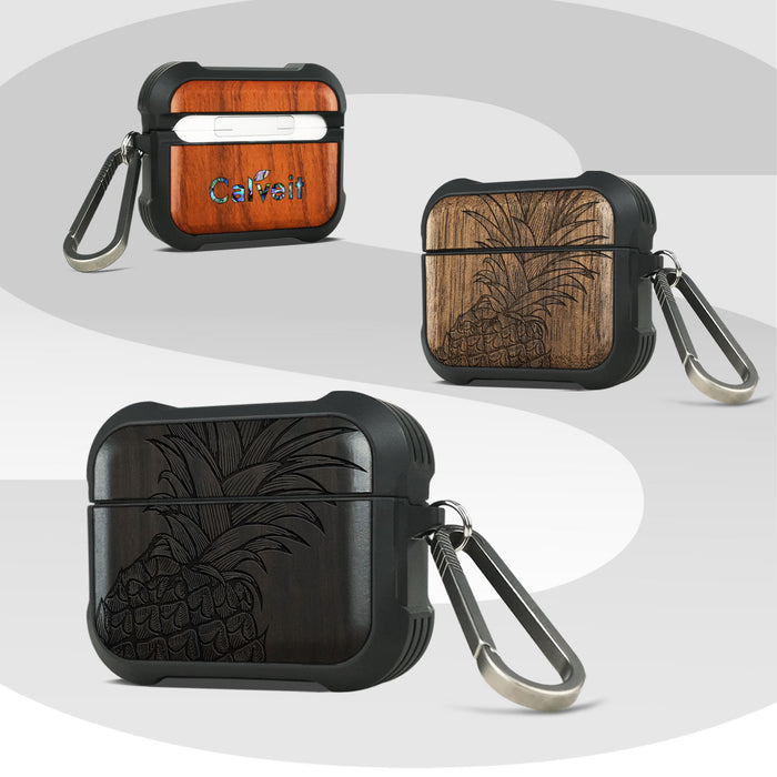 The Pineapple Fruit Design - Wood Artisan Engraved & Shell Hand-Inlaid Cover - Artisanal Case for Apple AirPods (Titanium Quick Released Clasp)