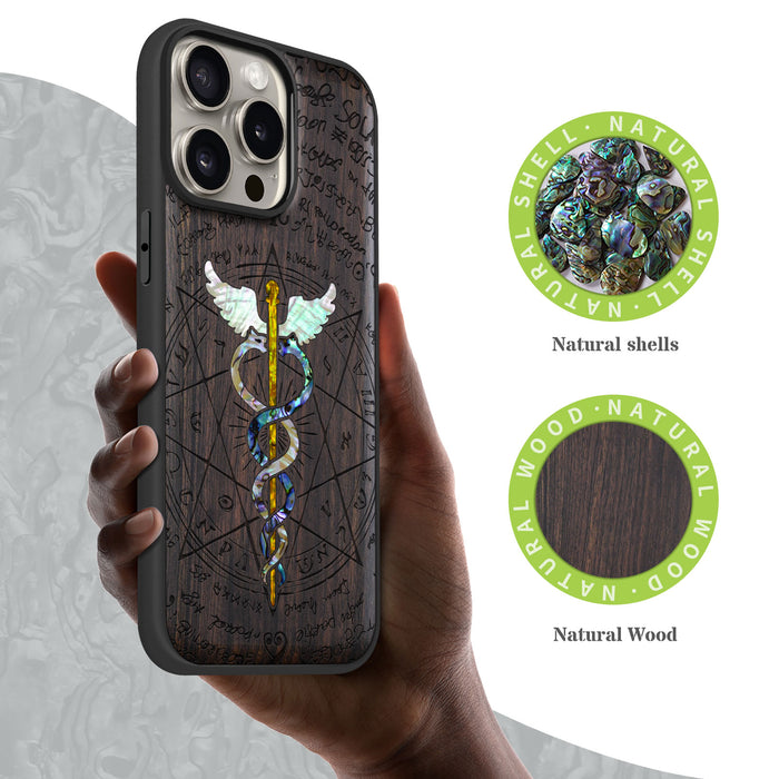 An Octagonal Star Embrace, Hand-Inlaid Wood & Mother of Pearl Case - Artisanal Cover for Apple iPhone