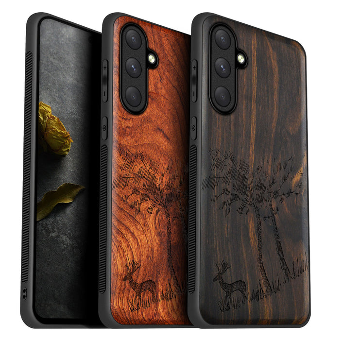 Lone Deer Amidst the Trees, Classic Engraved Wood & TPU Case - Artisanal Cover for Samsung Galaxy