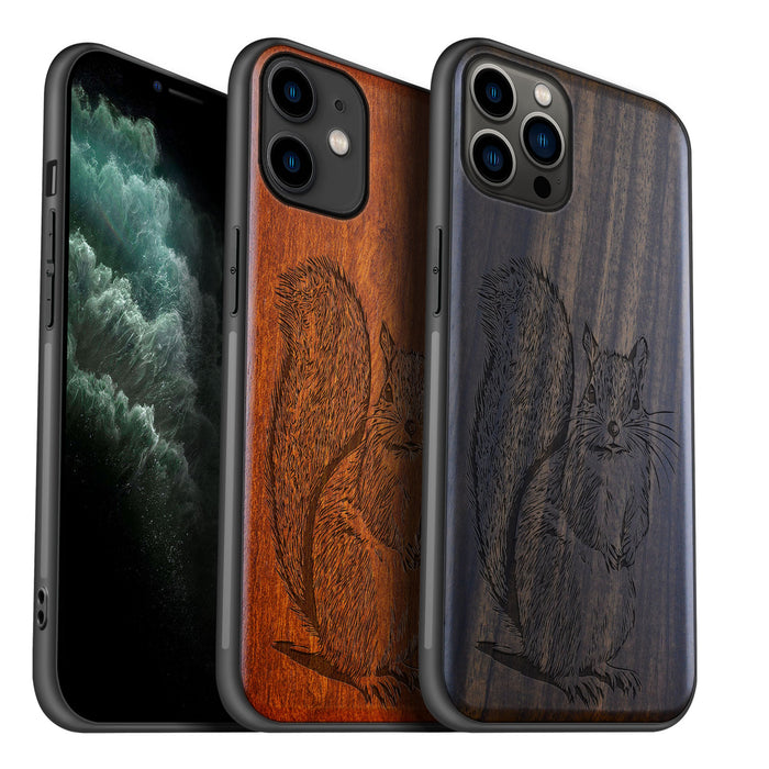 The Squirrel Sketch, Classic Engraved Wood & TPU Case - Artisanal Cover for Apple iPhone