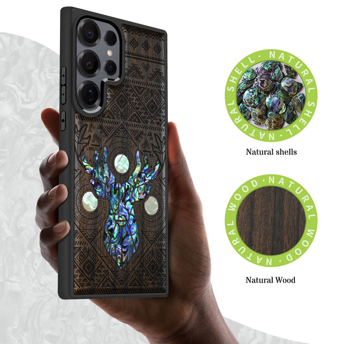 Ancient Geometry Stag, Hand-Inlaid Wood & Mother of Pearl Case - Artisanal Cover for Samsung Galaxy