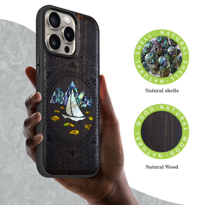 Oceanic Mandala Calm, Hand-Inlaid Wood & Mother of Pearl Case - Artisanal Cover for Apple iPhone