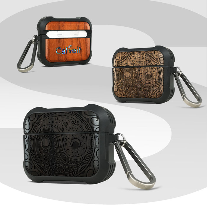 The Yin Yang Paisley - Wood Artisan Engraved & Shell Hand-Inlaid Cover - Artisanal Case for Apple AirPods (Titanium Quick Released Clasp)