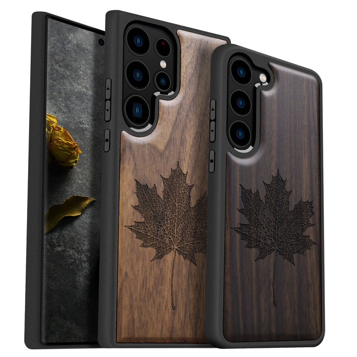 Intricate Maple Leaf Sketch, Classic Engraved Wood & TPU Case - Artisanal Cover for Samsung Galaxy