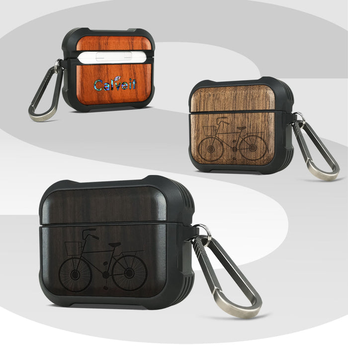 Classic Bicycle Silhouette - Wood Artisan Engraved & Shell Hand-Inlaid Cover - Artisanal Case for Apple AirPods (Titanium Quick Released Clasp)