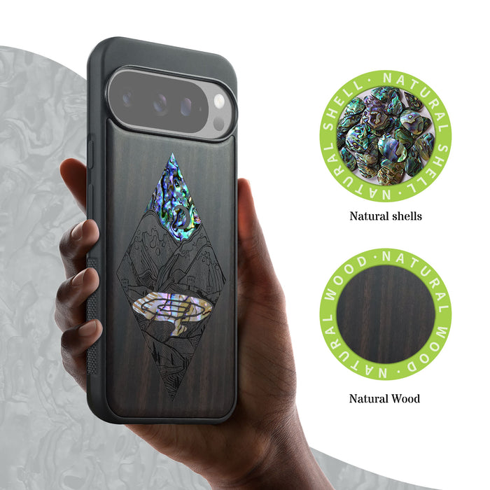 A Glimpse into the Starlit Wilderness, Hand-Inlaid Wood & Mother of Pearl Case - Artisanal Cover for Google Pixel