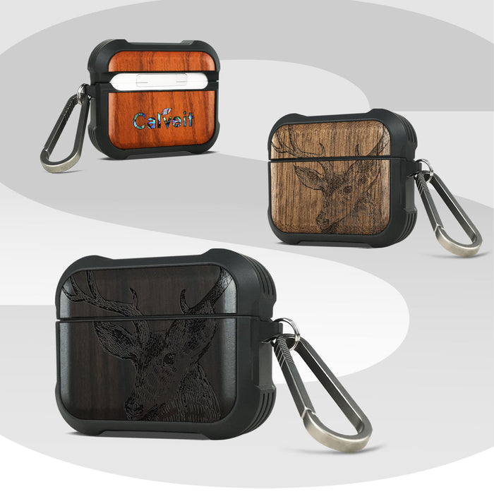 The Half-Length Deer Linework Art - Wood Artisan Engraved & Shell Hand-Inlaid Cover - Artisanal Case for Apple AirPods (Titanium Quick Released Clasp)