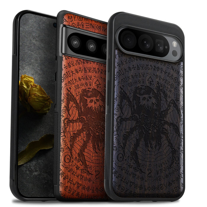 Enigmatic Black Spider Amidst Runes, Classic Engraved Wood & TPU Case - Artisanal Cover for Google Pixel