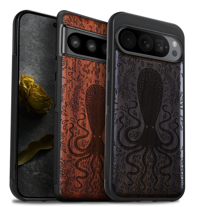 The Floral Octopus, Classic Engraved Wood & TPU Case - Artisanal Cover for Google Pixel