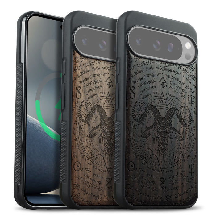 The Horned Goat in Octagonal Star, Classic Engraved Wood & TPU Case - Artisanal Cover for Google Pixel