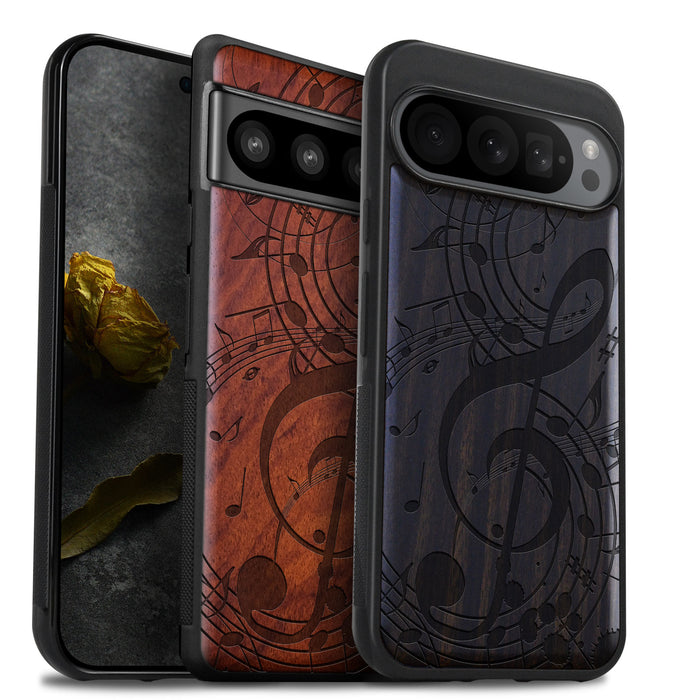 The Grand Clef and Musical Notes, Classic Engraved Wood & TPU Case - Artisanal Cover for Google Pixel