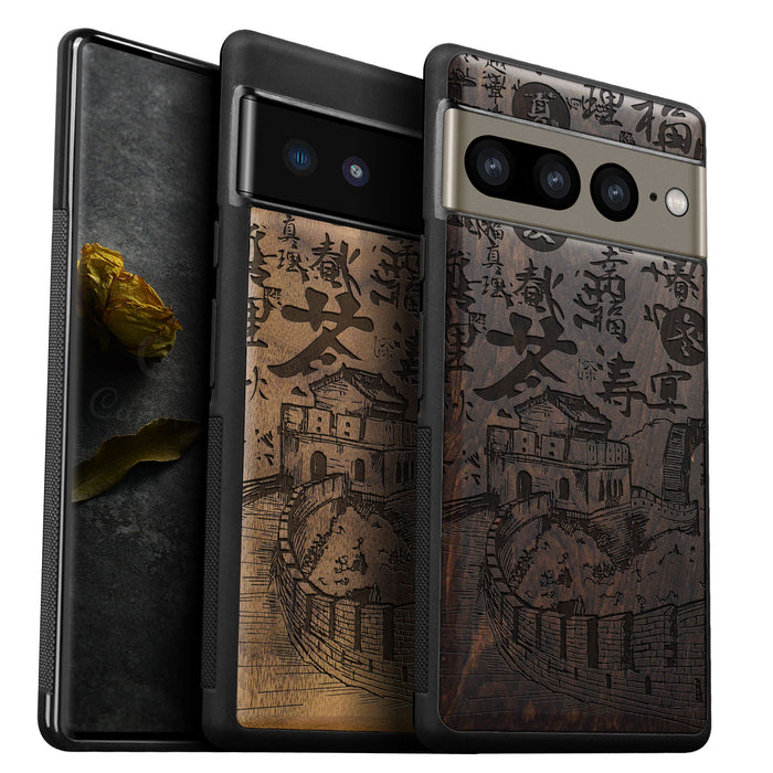 Hand Drawn Great Wall of China, Classic Engraved Wood & TPU Case - Artisanal Cover for Google Pixel