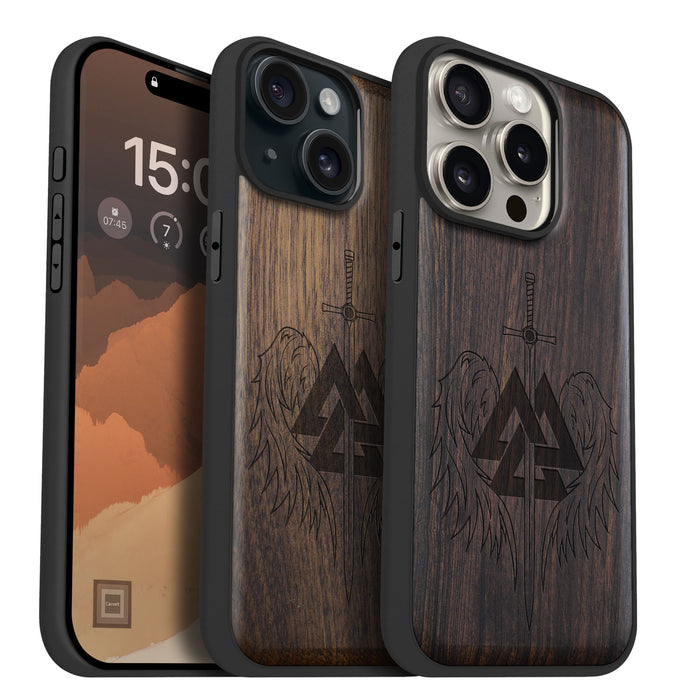 Valknut and Sword, Classic Engraved Wood & TPU Case - Artisanal Cover for Apple iPhone