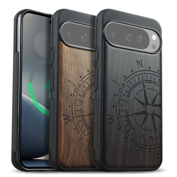 Compass Quest, Classic Engraved Wood & TPU Case - Artisanal Cover for Google Pixel