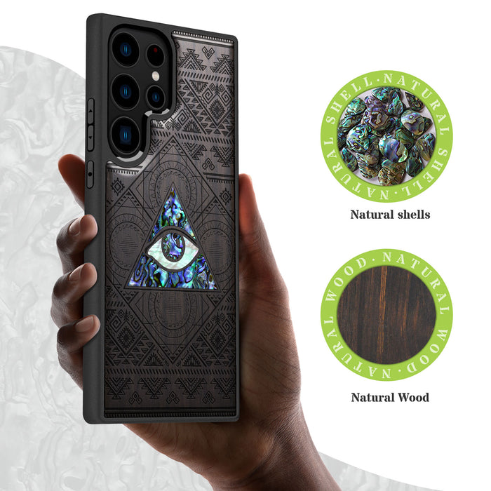 The All-Seeing Eye, Hand-Inlaid Wood & Mother of Pearl Case - Artisanal Cover for Samsung Galaxy